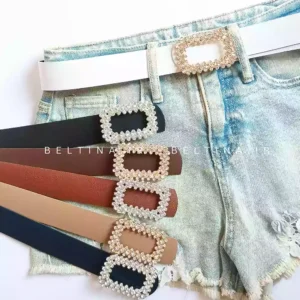 کمربند زنانه 3.5 سانت سگک مستطیل نگینی