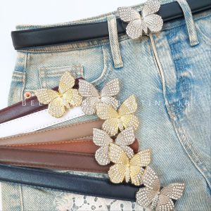 کمربند زنانه ۲.۵ سانت دوردوخت سگک پروانه نگینی